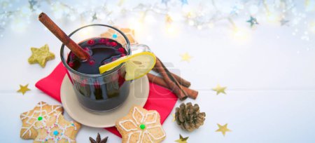 Photo for Christmas gingerbread cookies and mulled wine isolated on gray background. Top view with copy space. - Royalty Free Image
