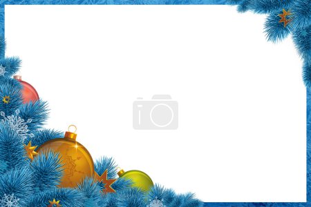 Photo for Christmas frame of blue pine tree branches and balls. - Royalty Free Image