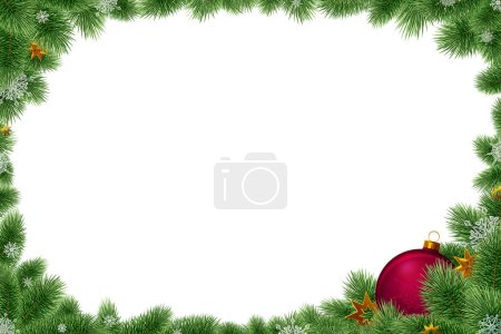 Foto de Marco de Navidad hecho de ramas de abeto, decoraciones festivas aisladas en blanco . - Imagen libre de derechos