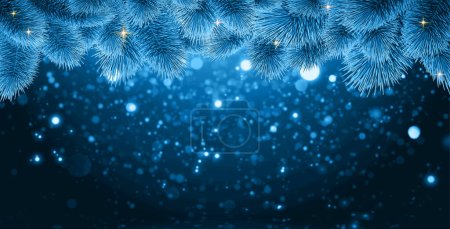 Foto de Marco azul navideño hecho de ramas de abeto aisladas sobre fondo borroso. - Imagen libre de derechos