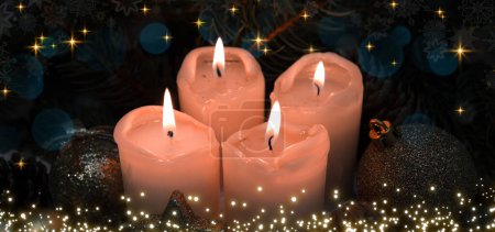 Téléchargez les photos : Fond de Noël avec quatre bougies allumées et décoration. - en image libre de droit