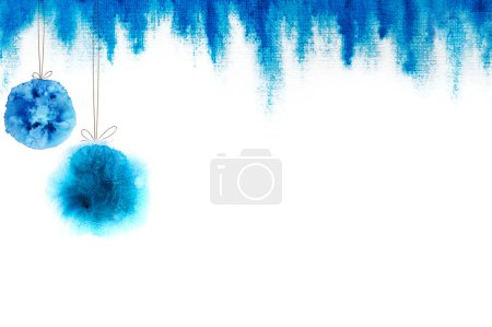 Téléchargez les photos : Balle de Noël bleue suspendue sur un cadre aquarelle bleu, isolée sur blanc - en image libre de droit