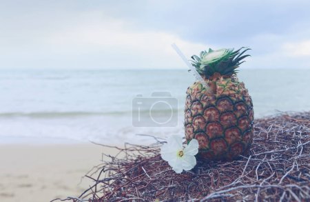 Téléchargez les photos : Pina Colada dans l'ananas dans le sable de la plage avec la belle mer des Caraïbes en arrière-plan
. - en image libre de droit