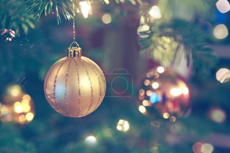 Foto de Rama de árbol de Navidad con bola dorada y fondo borroso. - Imagen libre de derechos