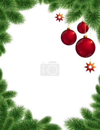 Photo for Christmas border with fir tree branches and red balls. - Royalty Free Image