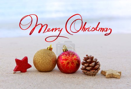 Photo for Merry christmas text and colorful decoration. - Royalty Free Image