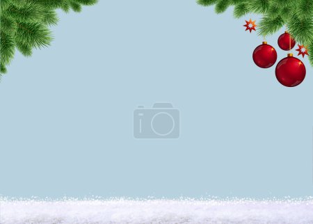 Foto de Frontera de Navidad con ramas de abeto y bolas rojas. Nieve blanca . - Imagen libre de derechos