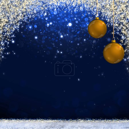 Foto de Cielo azul de invierno con nieve blanca y bolas doradas de Navidad. - Imagen libre de derechos