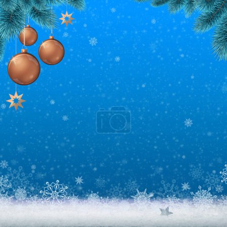 Téléchargez les photos : Ciel bleu d'hiver avec neige blanche et boules dorées de Noël. - en image libre de droit