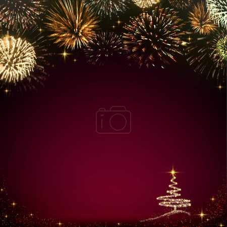 Foto de Árbol de Navidad con luces aisladas sobre fondo rojo del cielo. - Imagen libre de derechos