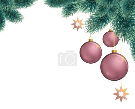 Foto de Frontera de Navidad con ramas de abeto y bolas de color rosa. - Imagen libre de derechos