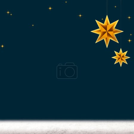 Foto de Fondo de invierno con nieve blanca y estrellas doradas aisladas en azul. - Imagen libre de derechos