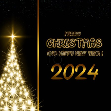 Foto de Feliz Navidad y Feliz Año Nuevo 2024 texto con árbol de Navidad . - Imagen libre de derechos