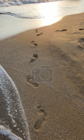 Téléchargez les photos : Footprints on sand at the beach. Copy space - en image libre de droit