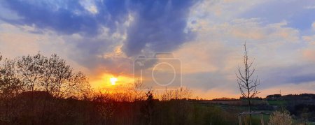 Photo for Red Sunset with clouds and spring trees. - Royalty Free Image