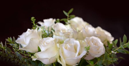 Photo for White wedding roses close up isolated on black background . - Royalty Free Image