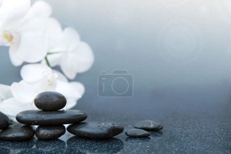 Photo for White orchid flowers and spa stones on a gray background, space for a text. - Royalty Free Image