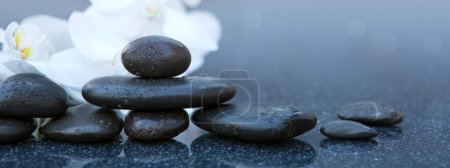 Photo for White orchid flowers and spa stones on a gray background, space for a text. - Royalty Free Image