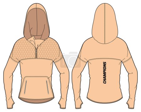 Illustration for Women Running shell Hoodie jacket sweatshirt design template in vector, girls Hooded jacket sweater with front and back view, hooded winter jacket for ladies to ski and workout in winter - Royalty Free Image
