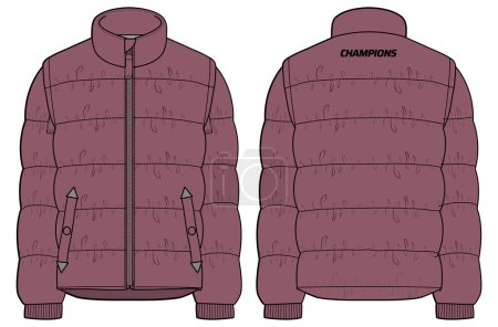 Illustration for Down puffa Hoodie jacket design flat sketch Illustration, Padded Hooded jacket with front and back view, Soft shell winter jacket for Men and women for outerwear in winter. - Royalty Free Image