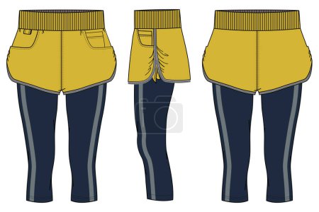 Illustration for Women Running trail Shorts with compression leggings tights Capri pants design flat sketch fashion Illustration for girls and Ladies, shorts concept with front and back view for tracking active wear. - Royalty Free Image