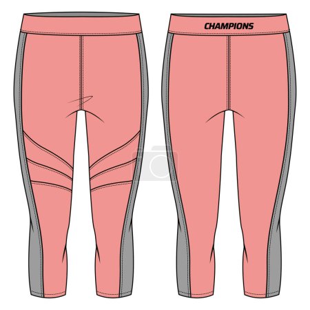 Illustration for Women Three quarter Leggings pants Shorts design flat sketch fashion Illustration for girls and Ladies, Capri Pants tights concept with front and back view. Cropped Compression pants design - Royalty Free Image