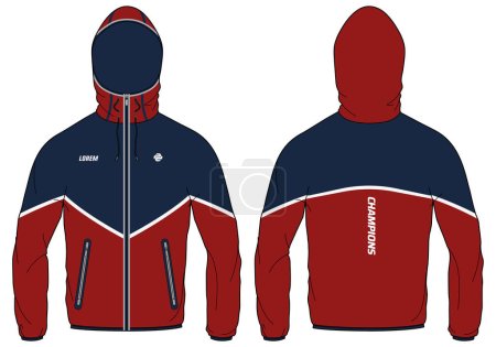Trail running Windcheater Hoodie jacket design flat sketch Illustration, Hooded windbreaker jacket with front and back view, winter jacket for Men and women. for hiker, outerwear in winter