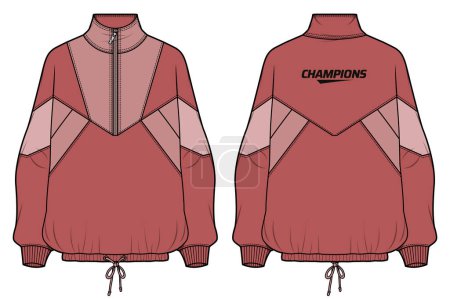 Illustration for Women Long sleeve tracking jacket design flat sketch illustration, windbreaker jacket with front and back view, winter jacket for girl and women. for hiking, tracking and running in winter. - Royalty Free Image