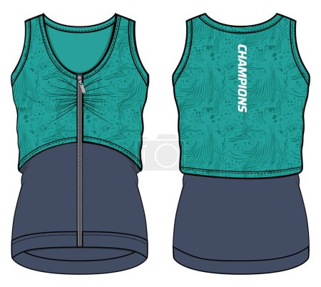 Illustration for Women Sleeveless Tank top Sports t-shirt Jersey design flat sketch fashion Illustration suitable for girls and Ladies, Crop top Vest for Volleyball jersey, netball, badminton, tennis sports kit - Royalty Free Image