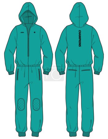 Illustration for Snow suit Hoodie jacket design flat sketch Illustration, Hooded rain coat with front and back view, Ski overall suit winter jacket for Men and women for outerwear and long weather jacket - Royalty Free Image