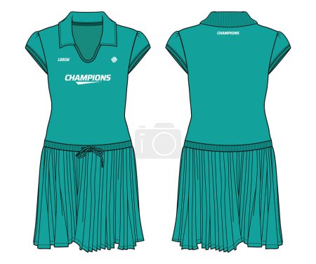 Illustration for Women polo color tennis dress pleated mini skirt sports top jersey design flat sketch fashion Illustration suitable for girls and Ladies, dress for tennis, netball, badminton sport kit - Royalty Free Image