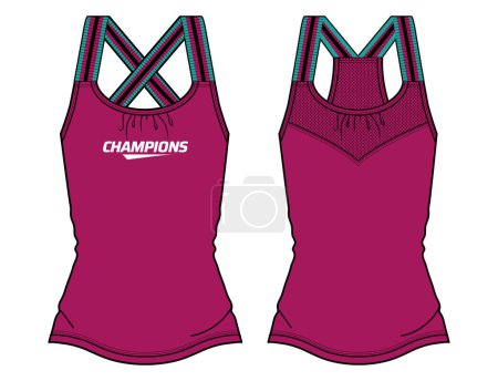 Illustration for Women Sleeveless tennis Cross strap Tank top vest Sports Jersey t-shirt design flat sketch fashion Illustration suitable for girls and Ladies for running, gym, Volleyball, netball, badminton kit - Royalty Free Image
