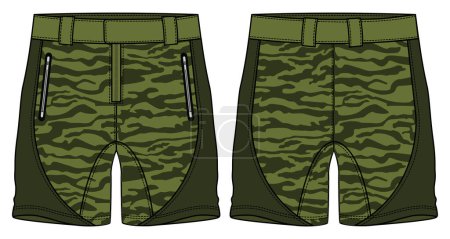 Camuflaje Chino sartorial Shorts design flat sketch vector illustration, denim printed casual shorts concept with front and back view, printed walking bermuda walking shorts design illustration