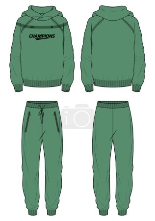Illustration for Long sleeve Hoodie jacket sweatshirt with jogger bottom design flat sketch Illustration, Hooded jacket with sweater pant front and back view, hooded winter jacket for Men and women. Winter outerwear - Royalty Free Image