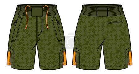 Camouflage Running Shorts jersey design flat sketch vector illustration. Boxing shorts concept with front and back view for Soccer, basketball, Volleyball, Rugby, badminton active wear shorts design.