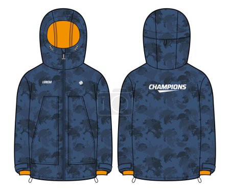 Illustration for Camouflage Insulated Shell Hoodie jacket design flat sketch Illustration, Hooded utility jacket with front and back view, winter jacket for Men and women. for hiker, outerwear and workout in winter - Royalty Free Image