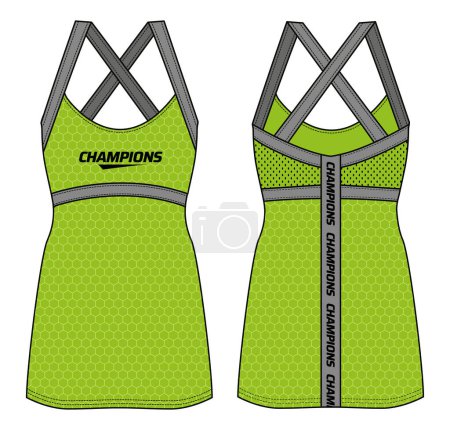Illustration for Women Sleeveless tennis Cross strap Tank top vest Sports Jersey t-shirt design flat sketch fashion Illustration suitable for girls and Ladies for running, gym, Volleyball, netball, badminton kit - Royalty Free Image