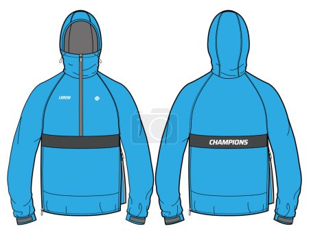 Illustration for Long sleeve Cagoule Shell Hoodie jacket design flat sketch Illustration, Hooded weather jacket with front and back view, winter jacket for Men and women. for hiker, outerwear and workout in winter - Royalty Free Image