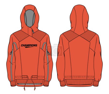 Illustration for Long sleeve tech shell Hoodie jacket design flat sketch Illustration, Hooded utility jacket with front and back view, winter jacket for Men and women. for hiker, outerwear and workout in winter - Royalty Free Image