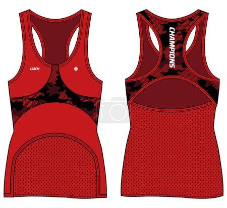 Illustration for Women Sleeveless Tank top Sports t-shirt Jersey design flat sketch fashion Illustration suitable for girls and Ladies, racer back Vest for Volleyball jersey, netball, badminton, tennis sports kit - Royalty Free Image