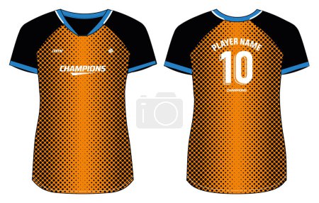 Illustration for Women Sports Jersey t-shirt design Flat sketch Illustration, Halftone abstract pattern V Neck t shirt for Ladies Volleyball jersey, Football, badminton, Soccer and netball, Sport uniform kit - Royalty Free Image