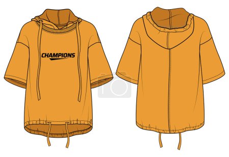 Illustration for Women short sleeve scrub smock Hoodie jacket design flat sketch Illustration , popover Hooded jacket with front and back view, Over sized sweatshirt t-shirt for girl and women for winter. - Royalty Free Image