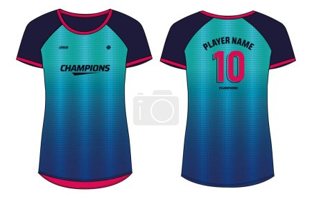 Illustration for Women Sports Jersey t-shirt design flat sketch Illustration, halftone abstract pattern round Neck t shirt for girl and Ladies Volleyball jersey, Football, badminton, Soccer, netball. Sport uniform kit - Royalty Free Image