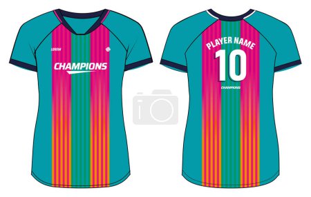 Illustration for Women Sports Jersey t-shirt design Flat sketch Illustration, Stripe abstract pattern V Neck t shirt for Ladies Volleyball jersey, Football, badminton, Soccer and netball, Sport uniform kit - Royalty Free Image