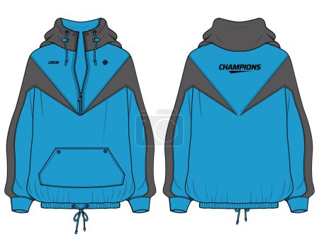 Women Long sleeve Anorak Hoodie jacket design flat sketch illustration, popover Hooded jacket with front and back view, windcheater winter jacket for girl and women. for hiking and workout in winter.