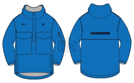 Long sleeve travel anorak Hoodie jacket design flat sketch Illustration, Hooded utility jacket with front and back view, winter jacket for Men and women. for hiker, outerwear and workout in winter