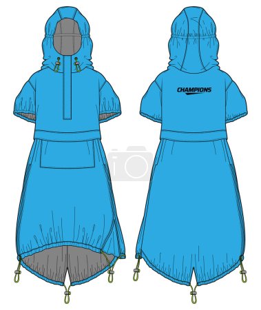 Illustration for Women bike cagoule Anorak Hoodie jacket design flat sketch illustration, Raincoat Hooded jacket with front and back view, windcheater winter jacket for girl and women for bike riding - Royalty Free Image