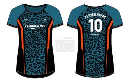 Illustration for Women Sports Jersey t-shirt design flat sketch Illustration, Leopard skin pattern round Neck t shirt for girl and Ladies Volleyball jersey, Football, badminton, Soccer, netball. Sport uniform kit - Royalty Free Image
