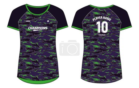 Illustration for Camouflage pattern Women Sports Jersey t-shirt design flat sketch Illustration, round Neck t shirt for and Ladies Volleyball jersey, Football, Soccer, netball and tennis, Sport uniform kit for sports - Royalty Free Image