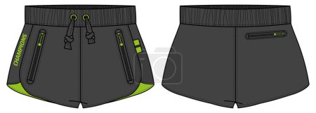 Retro Running trail Shorts jersey design flat sketch Ilustración, Athletic Concepto de shorts cortos con vista frontal y trasera para rastrear el diseño activo de los shorts de desgaste.